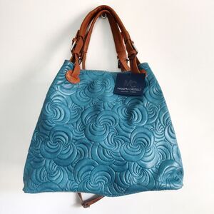 New Massimo Castelli Shoulder Bag Rose Textured Leather Convertible Teal Tan Bag